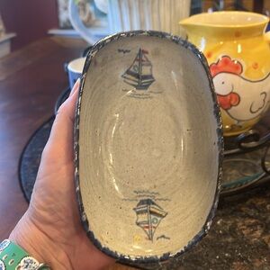 Vintage Owens Pottery, Seagrove, NC - Sailboat Upturned Oval Dish / Spoon Rest